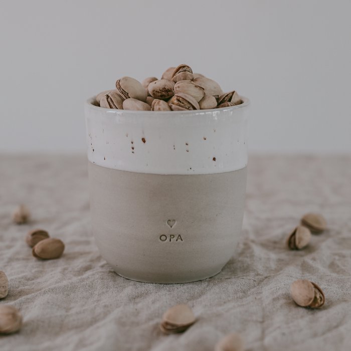 keramische mok koffietas keramiek opa eulenschnitt beige