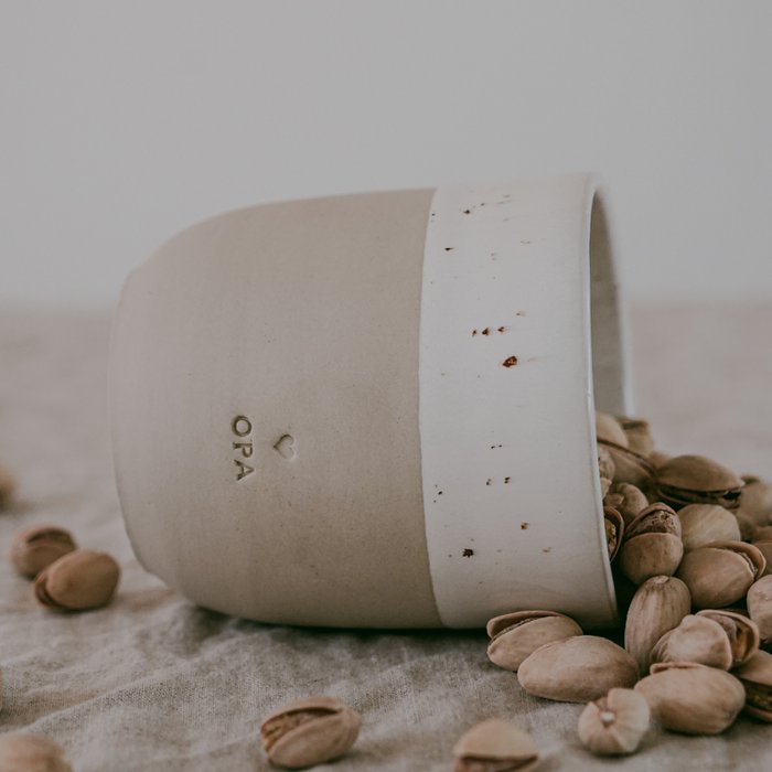 keramische mok koffietas keramiek opa eulenschnitt beige