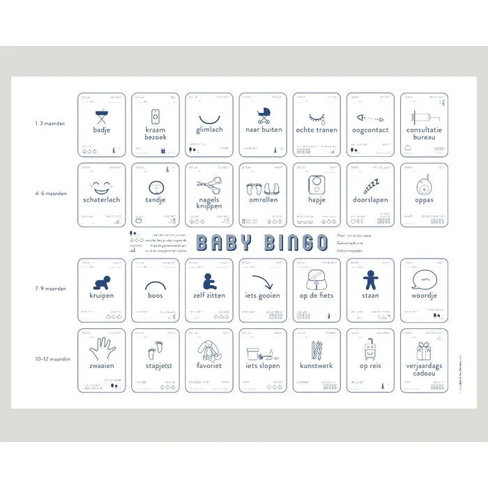 Baby Mijlpalen Bingo in wit met 28 mijlpalen en blauwe pictogrammen, ingedeeld per leeftijd in maanden.