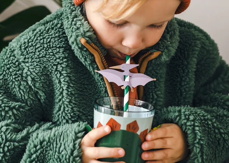Kind drinkt met een rietje uit een glas met een groene dinowikkel en bruine rugplaten.