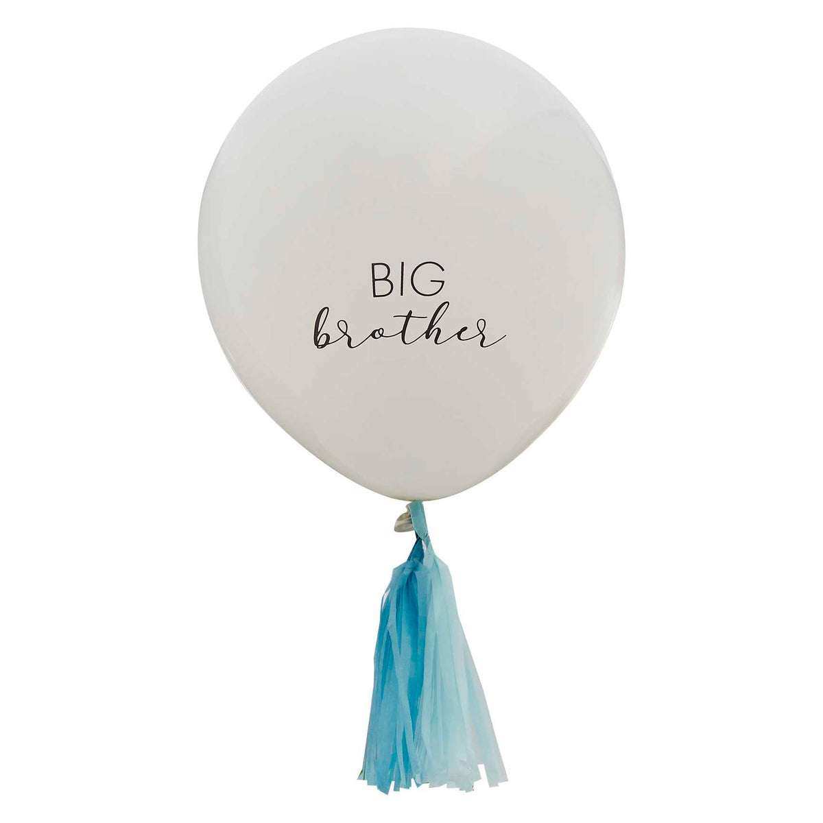 Crèmekleurige ballon met tekst 'Big brother' en blauwe kwastjes tegen een witte achtergrond.