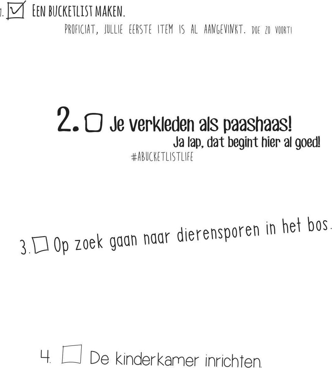 Pagina uit het Bucketlist Boek voor ouders met afvinkbare opdrachten, zoals je verkleden als paashaas.