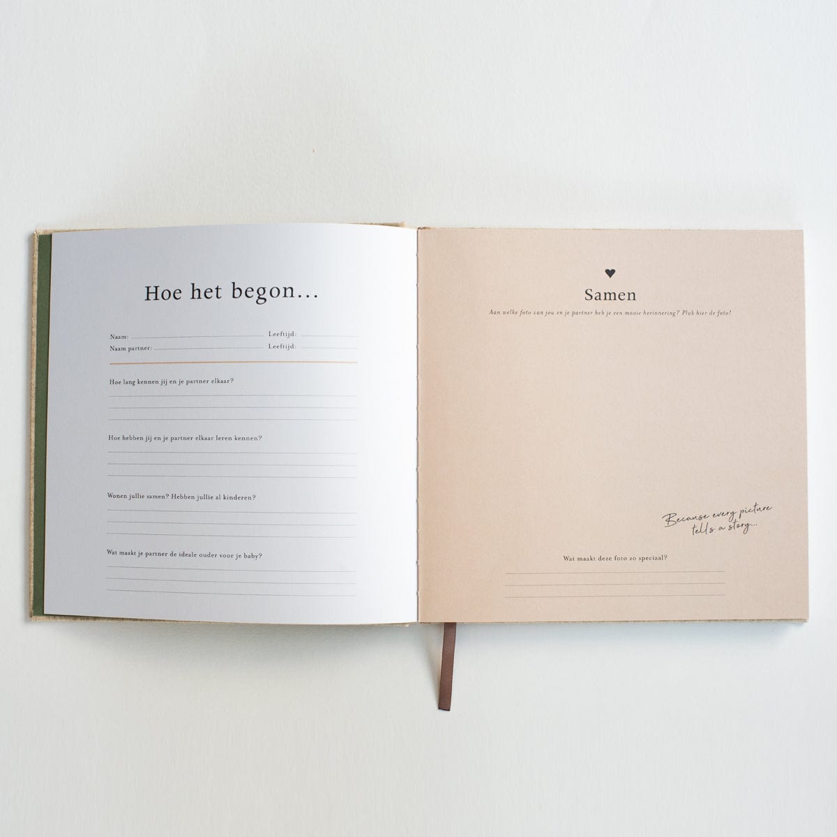 Open invulboek Mijn Zwangerschap met de pagina’s ‘Hoe het begon…’ en ‘Samen’, met vragen en invulruimte.