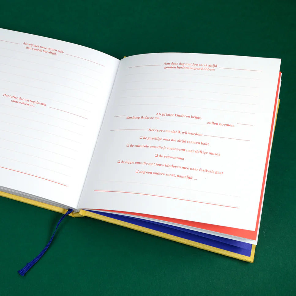 Opengeslagen Mama Boekje met invulvragen, schrijflijnen en blauw leeslint op een groene ondergrond