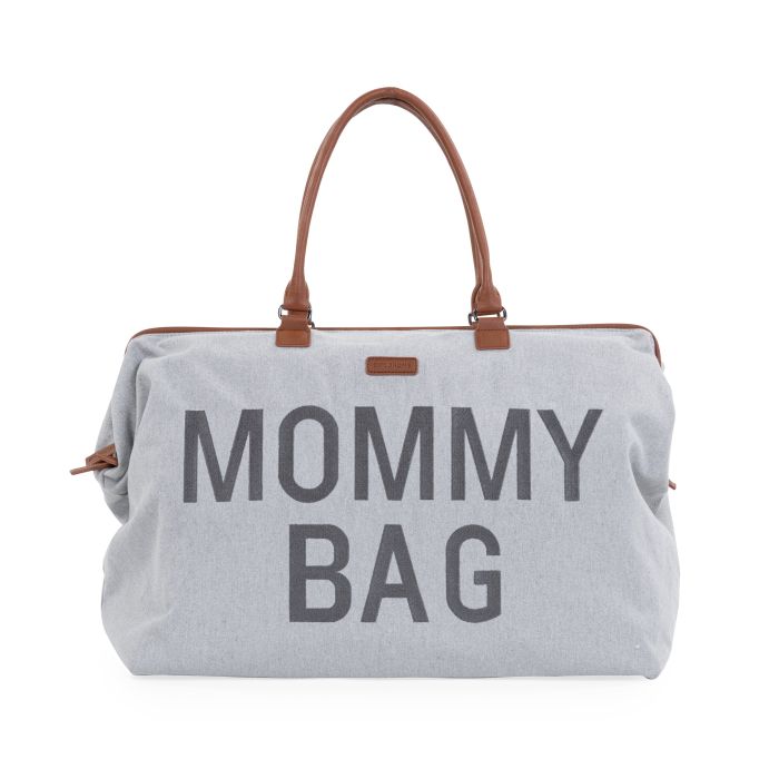 Grijze Mommy Bag verzorgingstas met bruine handvatten en grote donkergrijze tekst op de voorkant.