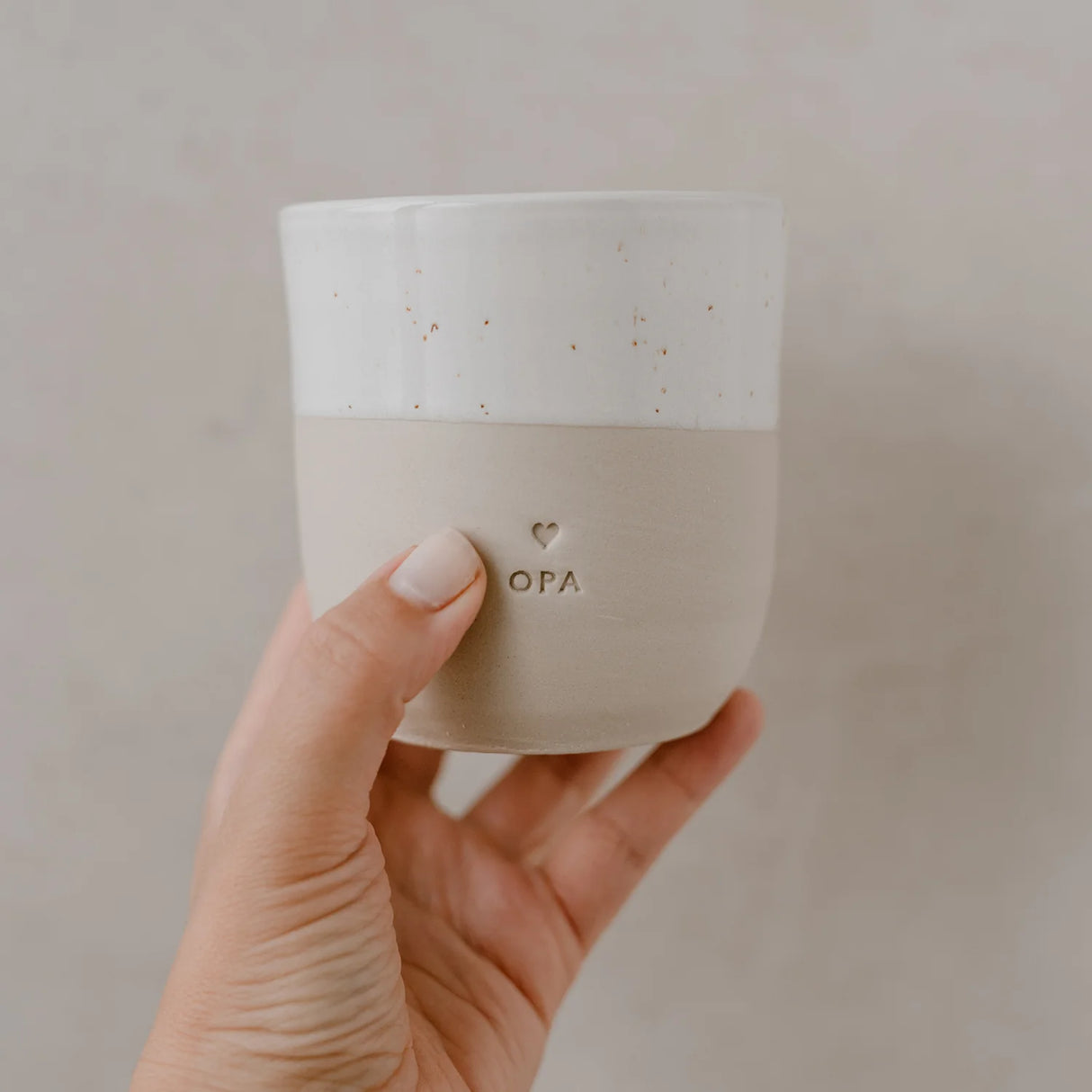 keramische mok koffietas keramiek opa eulenschnitt beige