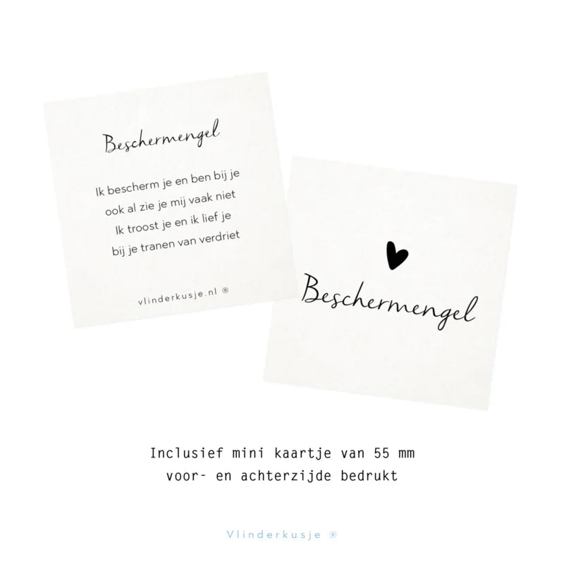 Voor- en achterkant van het mini kaartje met het gedichtje 'Beschermengel' en een zwart hartje
