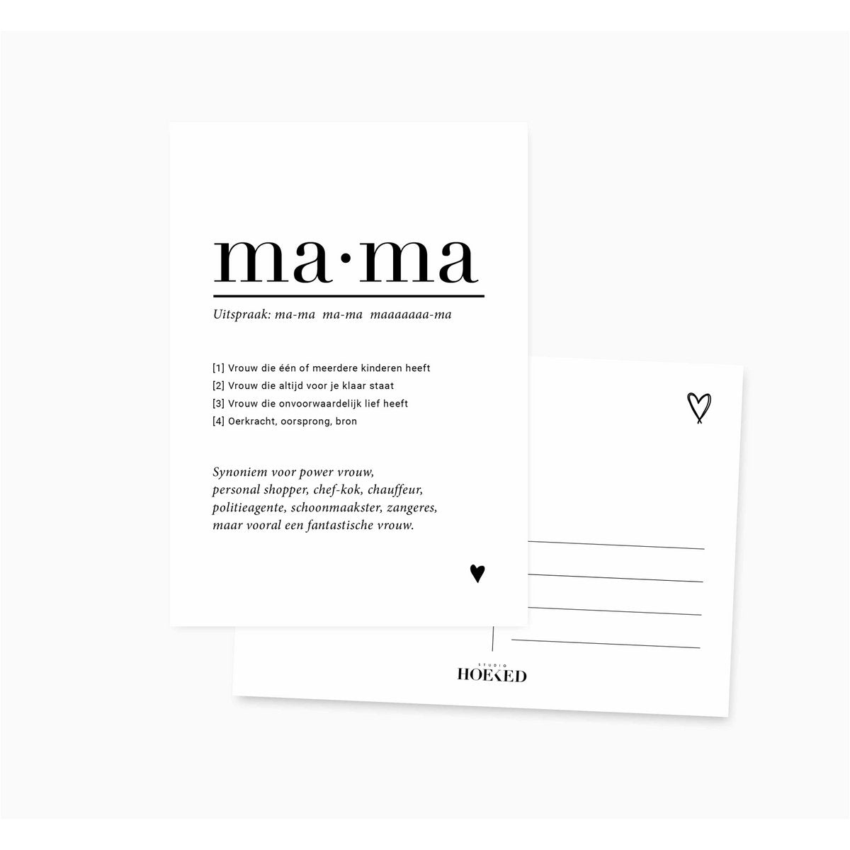 Voor- en achterkant van de A6-ansichtkaart Mama, met zwarte tekst, hartjes en adreslijnen op de achterzijde.