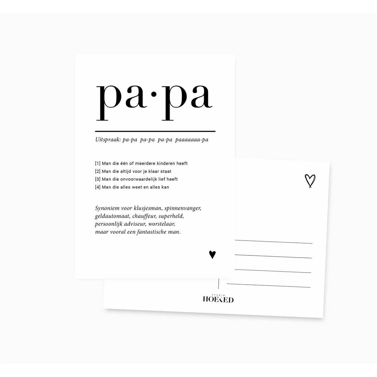 Voor- en achterkant van de ansichtkaart Papa, met zwarte tekst vooraan en adreslijnen en een hartje achteraan.