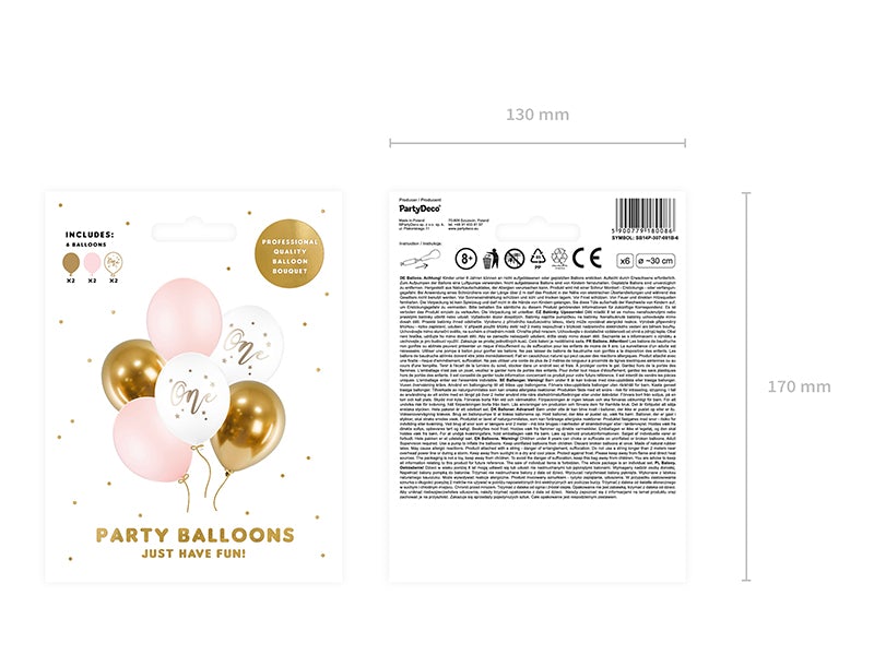Voor- en achterkant van de verpakking van de ballonnenset voor de 1ste verjaardag, met productfoto en informatie.