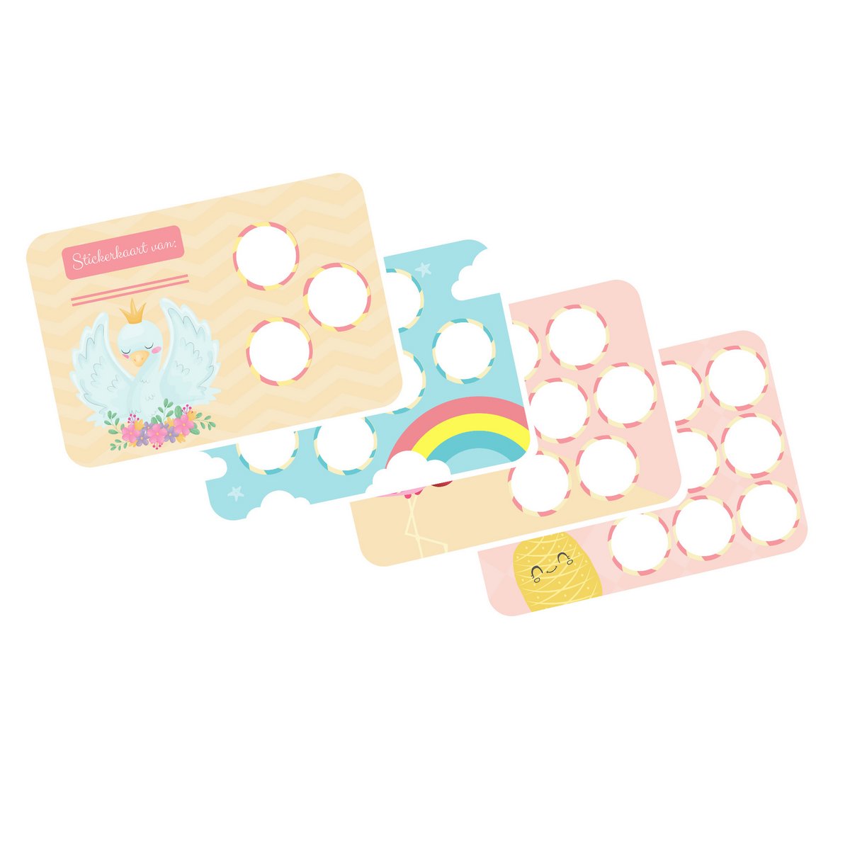 Overlappende beloningskaarten in pastelkleuren met ronde stickervakjes en een zwaan, regenboog en ananas