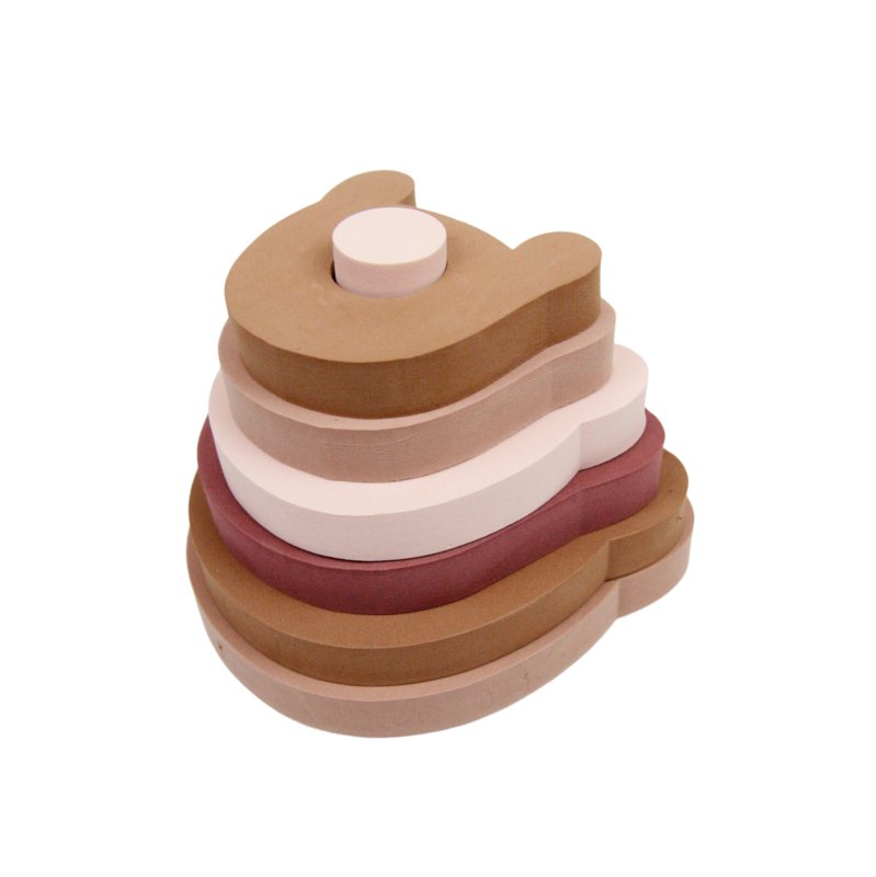 Foam stapeltoren Bear Pink met beervormige schijven in roze, bruin en beige, volledig opgestapeld.