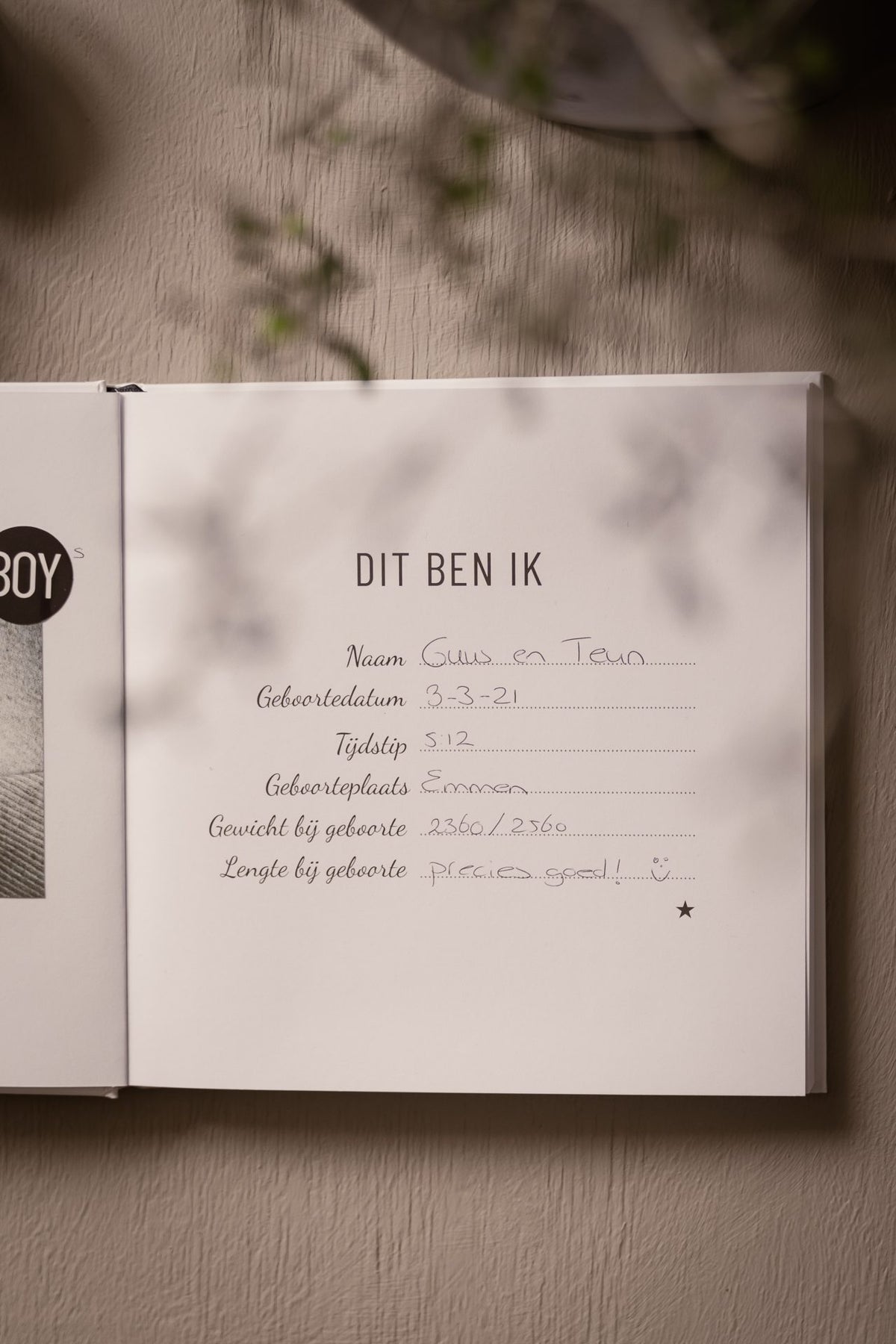 Open babyboek met ingevulde pagina Dit ben ik, met naam, geboortegegevens, gewicht en lengte.