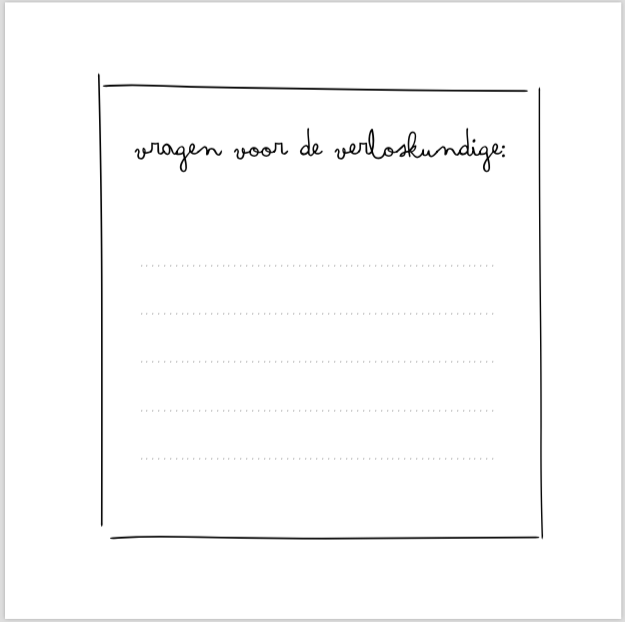 Pagina uit het Bump zwangerschapsinvulboek met schrijflijnen voor vragen aan de verloskundige.