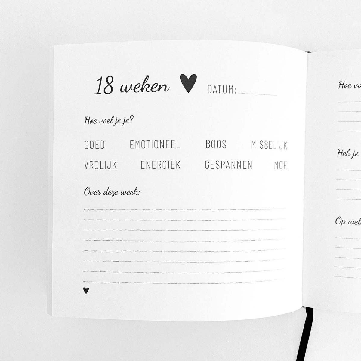 Opengeslagen zwangerschapsdagboek met invulpagina voor 18 weken, zwarte tekst, hartjes en een zwart leeslint.