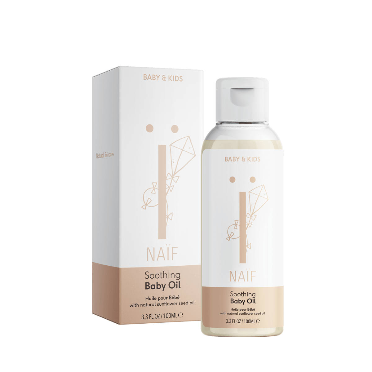 Naïf Verzachtende Babyolie in een transparante fles van 100 ml met witte dop, naast de verpakking.