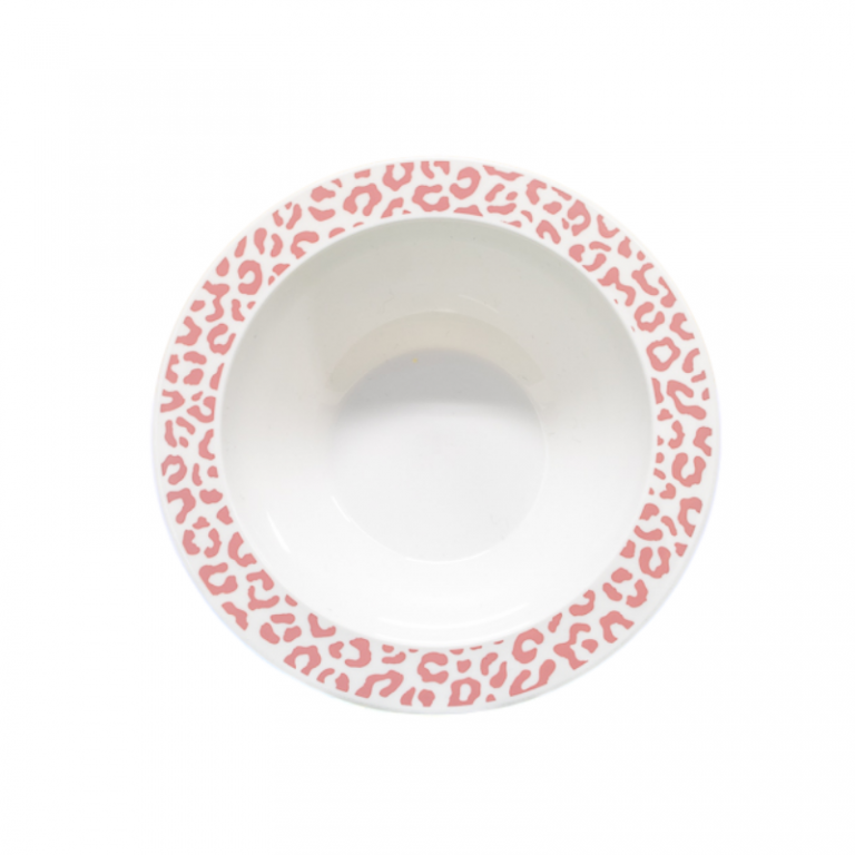 Witte kom Leopard Blush van bovenaf, met oudroze luipaardprint op de rand.