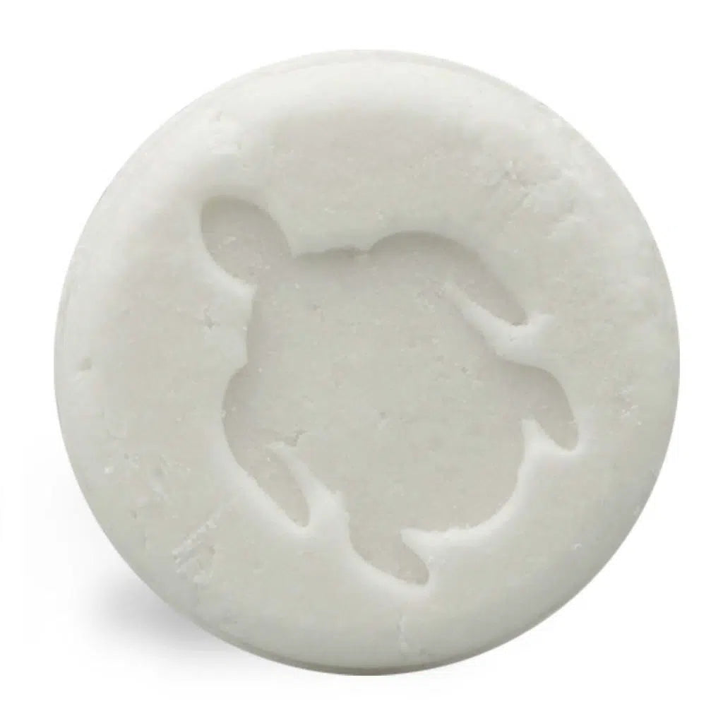 Witte, ronde Shampoo Bar Baby met een schildpadmotief, tegen een witte achtergrond.