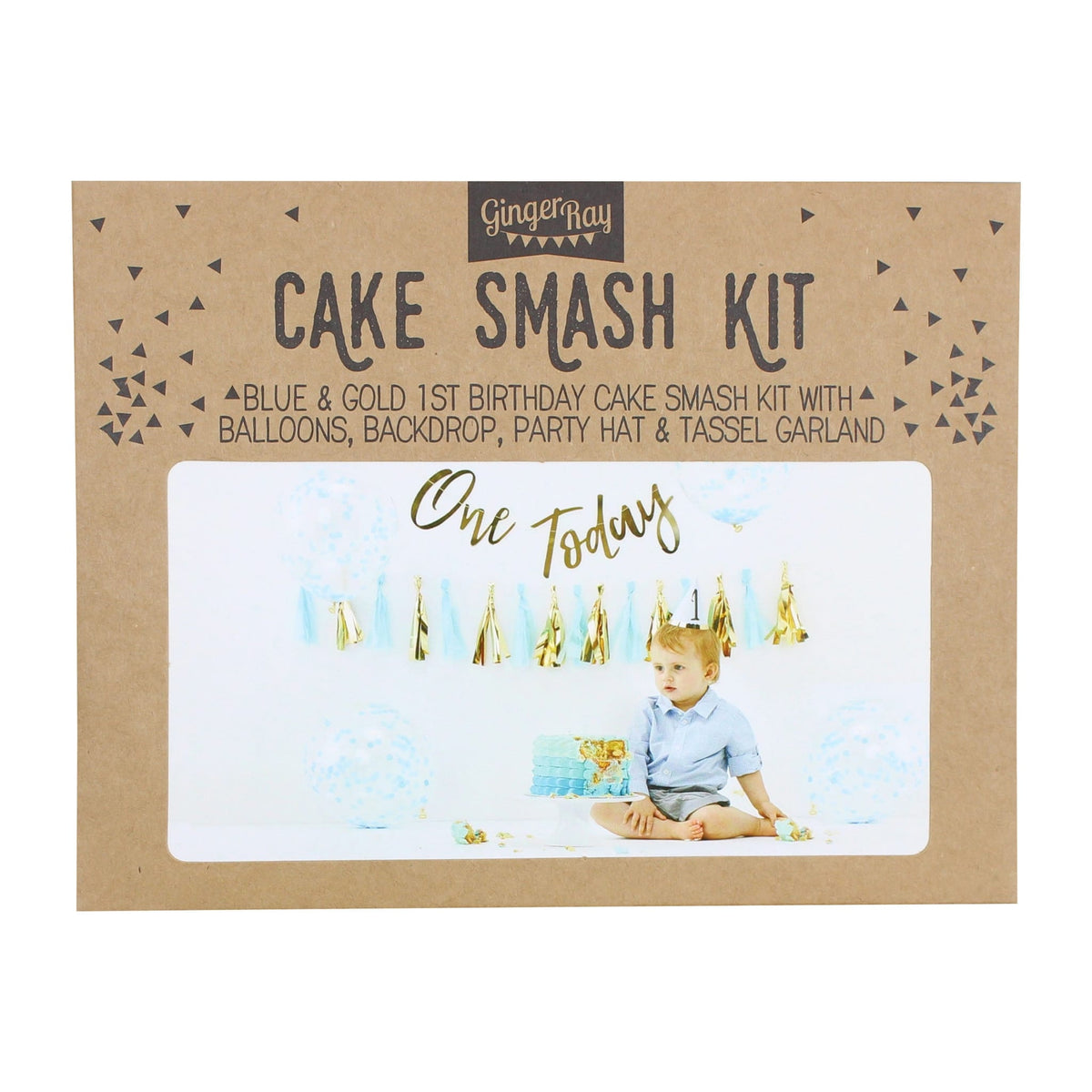 Verpakking van de blauwe cake smash kit met een foto van een kind bij een taart en blauw-gouden feestversiering.