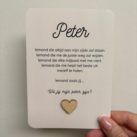 wenskaart wil jij mijn peter zijn met houten hartje