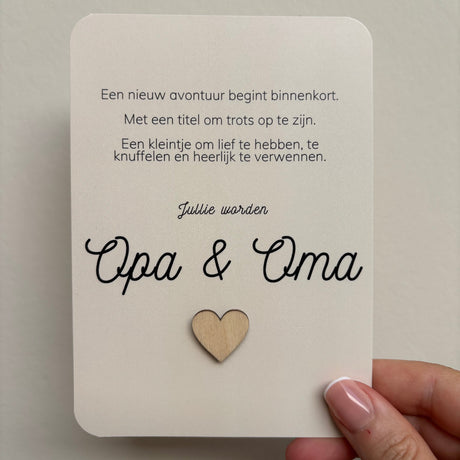 jullie worden opa en oma wenskaart met houten hartje