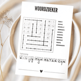 Ingevulde A6-woordzoeker met doorgestreepte woorden en de oplossing ‘Wil jij mijn meter zijn’ op een bord.