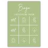 Groene bingo-kraskaart voor een zwangerschapsaankondiging met witte tekeningen van huisjes, planten, bomen en zwangere vrouwen
