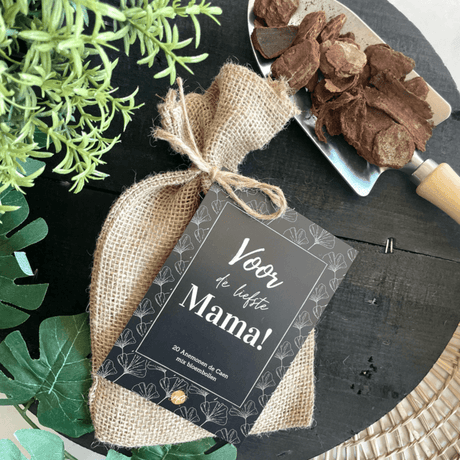 Zakje bloembollen voor mama met zwart kaartje, op een donkere tafel naast groene planten en een tuinschep