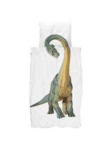 Wit Dino Bronto dekbedovertrek met bijpassend kussensloop en grote groen-gele dinosaurus, op een witte achtergrond.