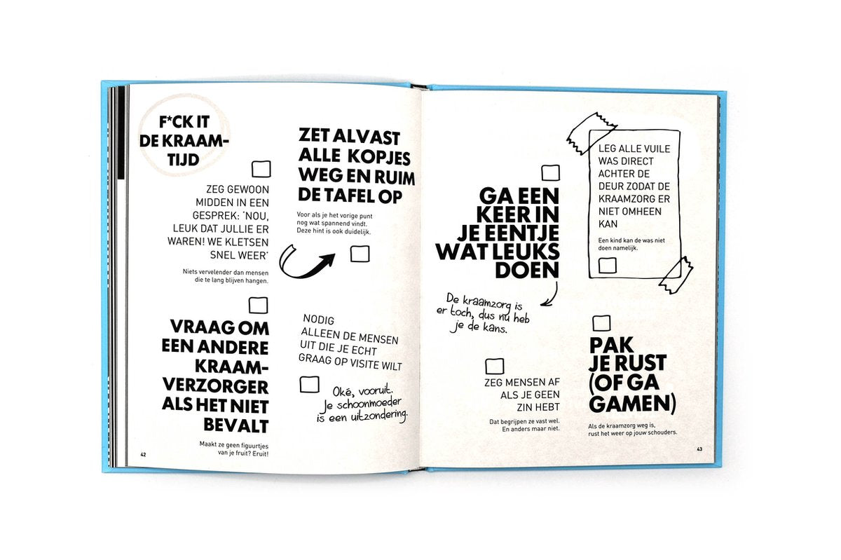 Opengeslagen F*ck It List Book voor papa's met teksten en afvinkvakjes over de kraamtijd