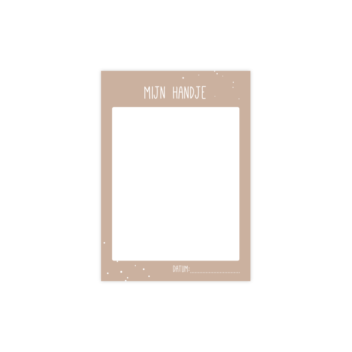 Kaartje ‘Mijn handje’ met beige rand, wit afdrukvlak en ruimte voor de datum.