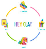 Hey Clay-logo omringd door kleurrijke kleifiguren en illustraties van de app, boetseren en spelen.