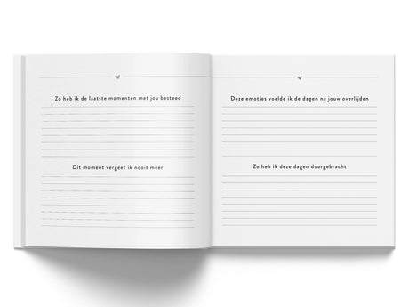 Open invulboek ‘Ik mis je zo’ met gelijnde pagina’s voor herinneringen aan de laatste momenten en emoties na het verlies.