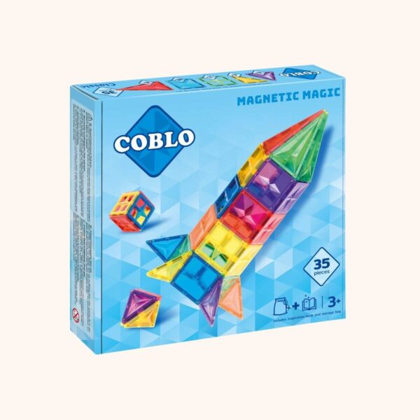 Blauwe Coblo-verpakking met 35 magnetische bouwblokken en een kleurrijke raket op de voorkant