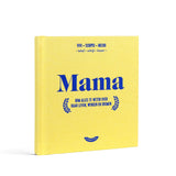 Mama Boekje met gele kaft en blauwe titel ‘Mama’ op een witte achtergrond