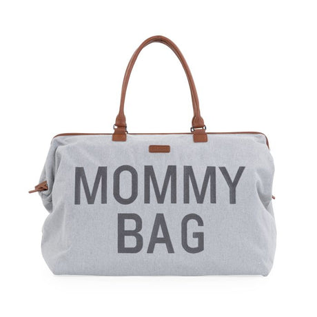 Grijze Mommy Bag verzorgingstas met bruine handvatten en grote donkergrijze tekst op de voorkant.