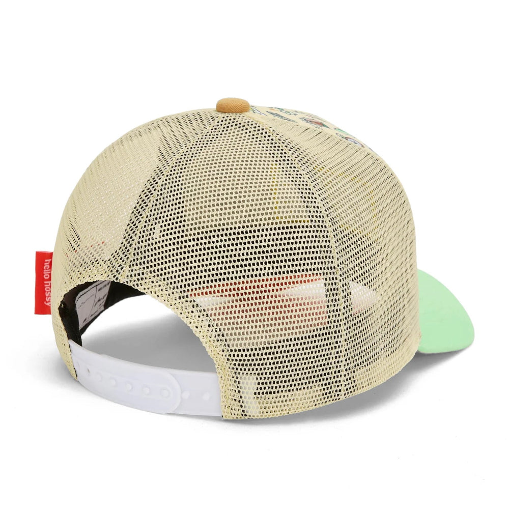 Achterkant van de Adventure pet met beige mesh, witte verstelbare sluiting en mintgroene klep.