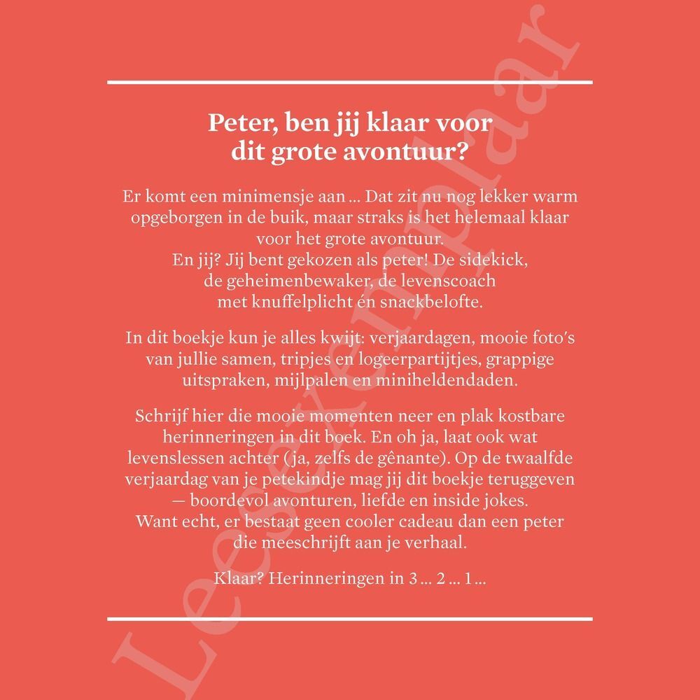 Koraalrode pagina uit het Peter Boekje met de tekst ‘Peter, ben jij klaar voor dit grote avontuur?’