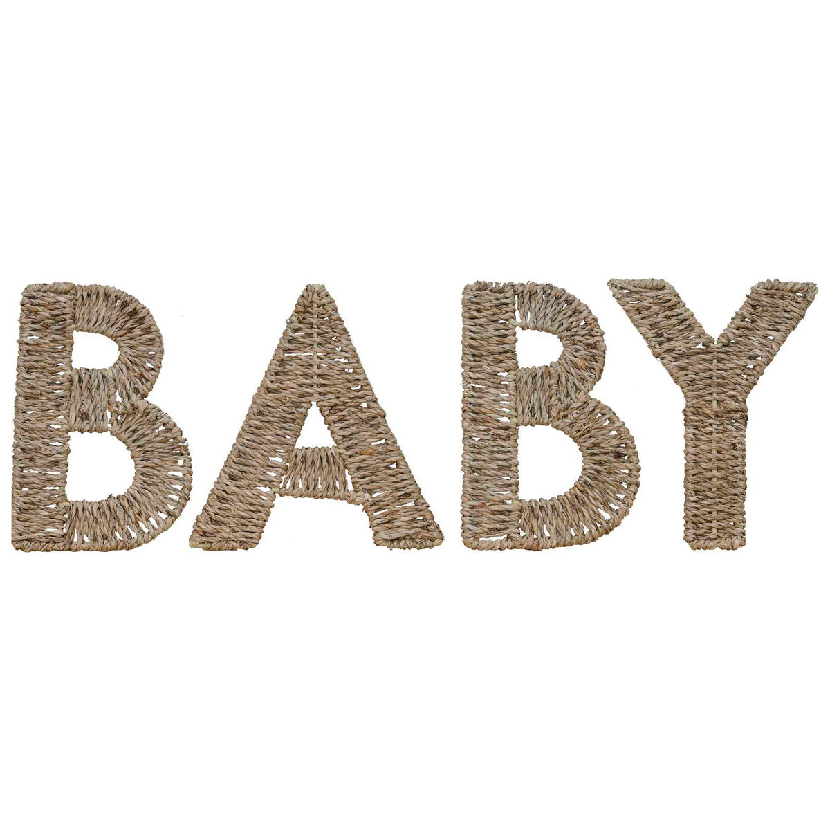 Vier naturelkleurige rieten letters die samen ‘baby’ vormen, op een witte achtergrond.