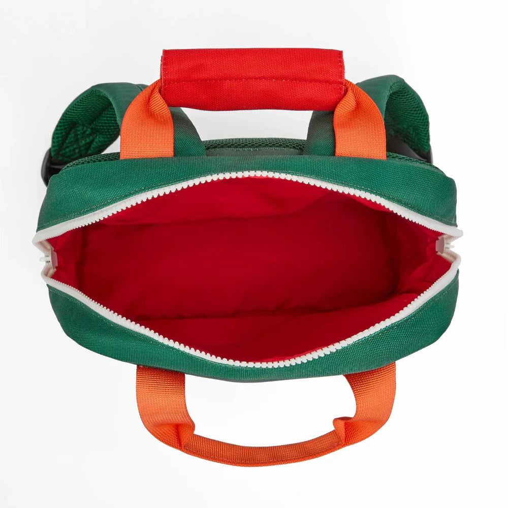 Hello Hossy Mini Dark Green rugzak van bovenaf, met open hoofdvak, rode voering en oranje handgrepen.