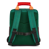 Achterkant van de Hello Hossy Mini Dark Green rugzak met groene schouderbanden, gewatteerd rugpand en borstsluiting.