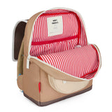 Geopende Mini Walnut-rugzak in lichtbruin met rood-wit gestreepte voering en binnenvak.