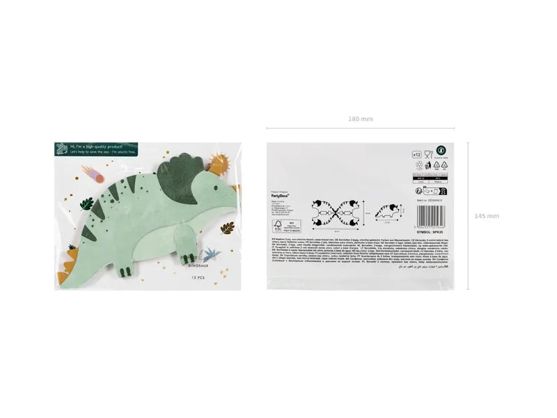 Voor- en achterkant van de verpakking met 12 groene servetten in dinosaurusvorm
