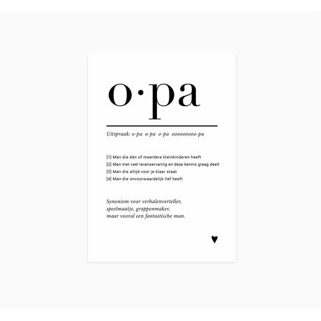 Witte A6 ansichtkaart voor opa met een definitie van opa in zwarte letters en een klein zwart hartje.