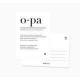Voor- en achterzijde van de A6 ansichtkaart voor opa, met zwarte tekst, hartjes en adreslijnen op de achterkant.