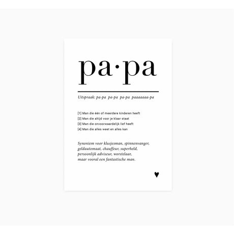 Witte ansichtkaart met ‘pa·pa’ in grote zwarte letters, een warme tekst over papa zijn en een klein zwart hartje.