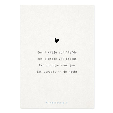 Witte ansichtkaart Lichtje Vol Liefde met een zwart hartje en een gedicht over liefde, kracht en licht in de nacht.