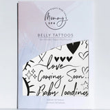 Verpakking van Mommy Spa Baby Bump Tattoos met 50 plaktattoos en zichtbare zwarte teksten en hartjes.