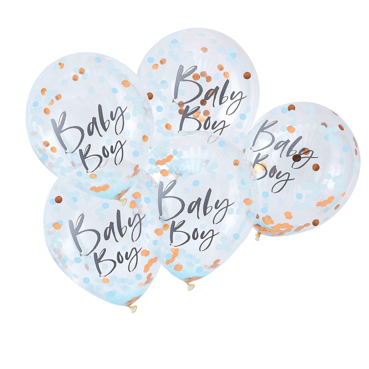 Vijf transparante ballonnen met de tekst Baby Boy en blauwe en goudkleurige confetti tegen een witte achtergrond.