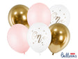 Set van 6 ballonnen voor de 1ste verjaardag in pastelroze, glanzend goud en wit met gouden ‘One’-print en sterren.
